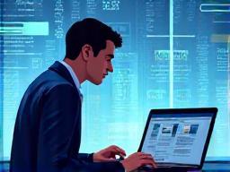 Illustration of a journalist typing at a laptop